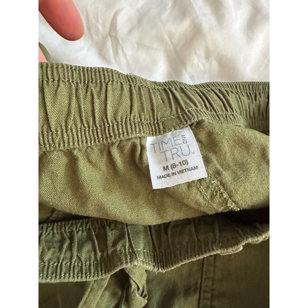 Time and Tru Linen Blend Pants Women M Olive Green Pull On Wide Leg Casual Boho - Picture 5 of 9